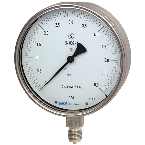 Wika 33x.30 Series 6" SS Test Gauge, Dry/Fillable, SS Wetted Parts