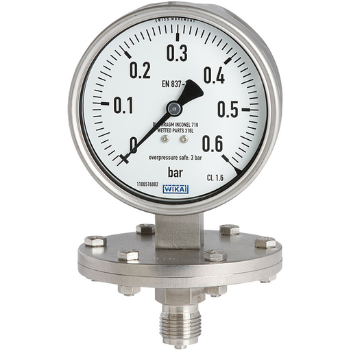 Wika 43x.50 Series 4" SS Diaphragm Pressure Gauge, Dry/Fillable, Pressure Blowout Disk