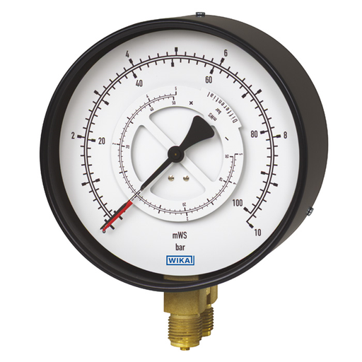Wika 713.12 Series 4" Brass Differential Pressure Gauge, Liquid Filled, Steel Case Parallel Entry