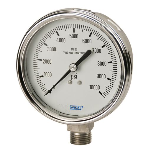 Wika 232.53 Series 4" SS Pressure Gauge, Dry/Fillable, Crimped Ring, SS Wetted Parts