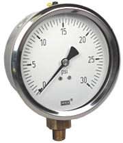 [76256847] 213.53 Series Industrial Liquid Filled Pressure Gauge, 4" Dial, 0 to 25 Bar, 1/2" NPT Brass Bottom Mount